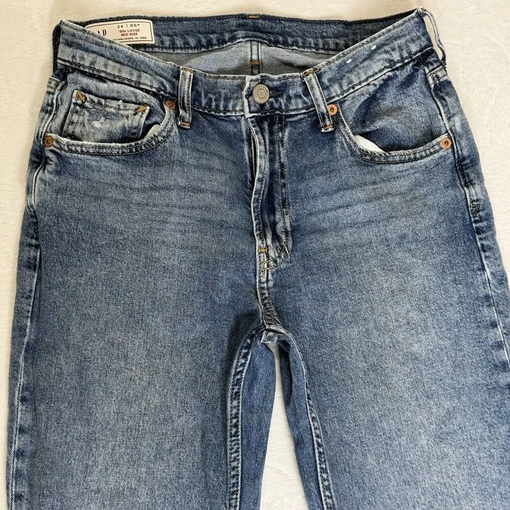 GAP '90s Loose Mid Rise Distressed Ripped Raw Hem Jeans Light Wash Women's 24 00